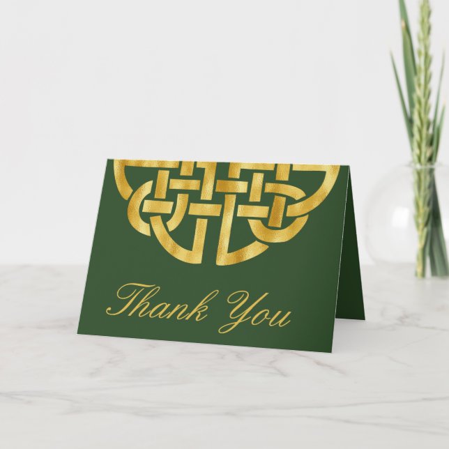 Classic Celtic Knot Green & Gold Handfasting Thank You Card (Front)