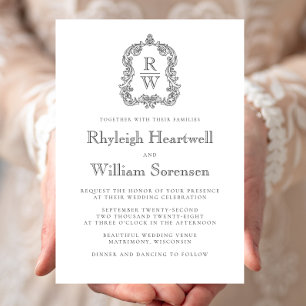 Classic Charcoal and White Monogram Wreath Script Invitation