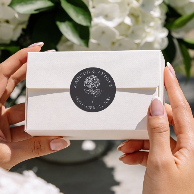 Classic Charcoal Hydrangea Wedding Round Sticker (Creator Uploaded)