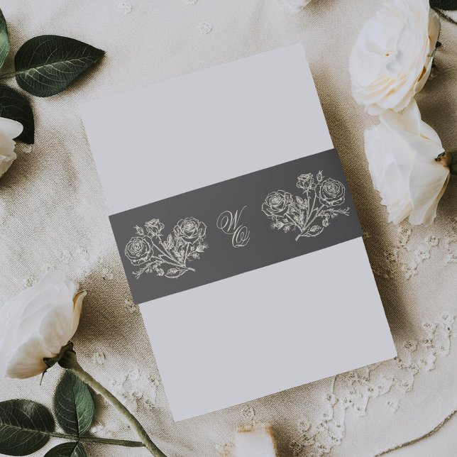 Classic Charcoal Monogram Formal Florals Wedding Invitation Belly Band (Creator Uploaded)