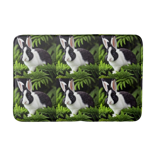 "Classic Charm: The Black and White Bunny Rabbit" Bath Mat (Front)