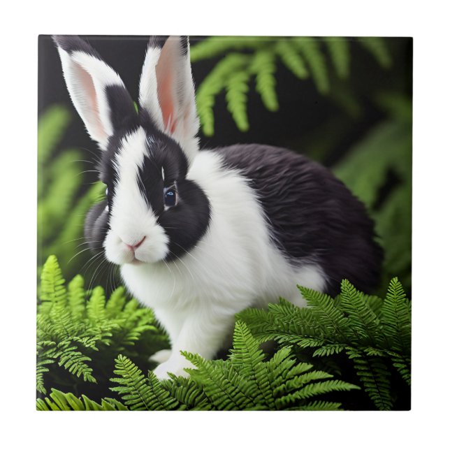 "Classic Charm: The Black and White Bunny Rabbit" Ceramic Tile (Front)