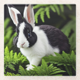 "Classic Charm: The Black and White Bunny Rabbit" Glass Coaster