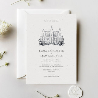 Classic Chateau Venue Drawing Minimalist Wedding Invitation