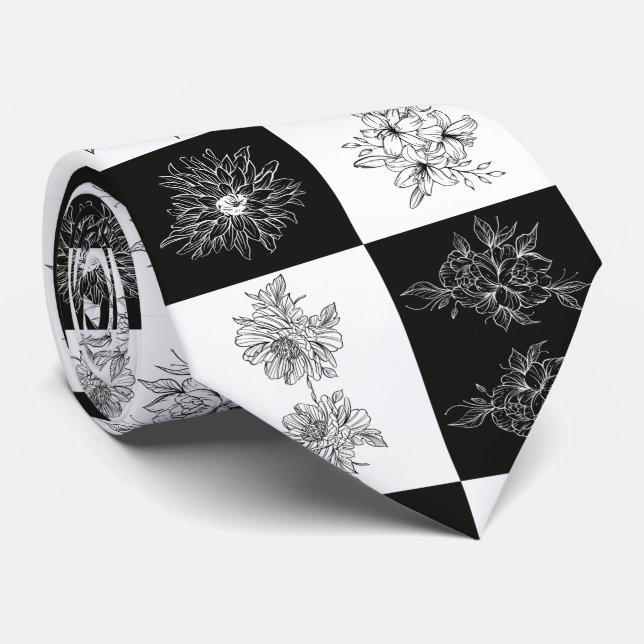 Classic Checkered Black and white Floral print Tie (Rolled)