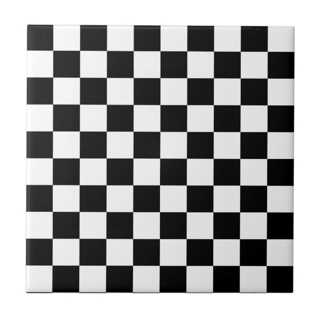 Classic Chequerboard Black White Pattern Ceramic Tile (Front)