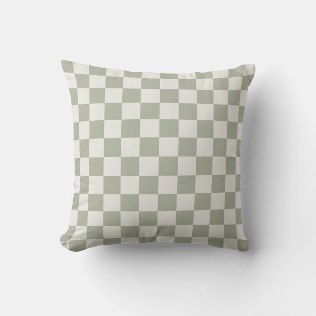 Classic Chequered Chequerboard in sage green white Cushion (Front)