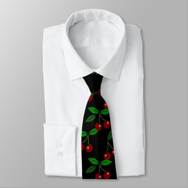 Classic Cherry Fruit and Leaf Custom black Tie 2 (Tied)