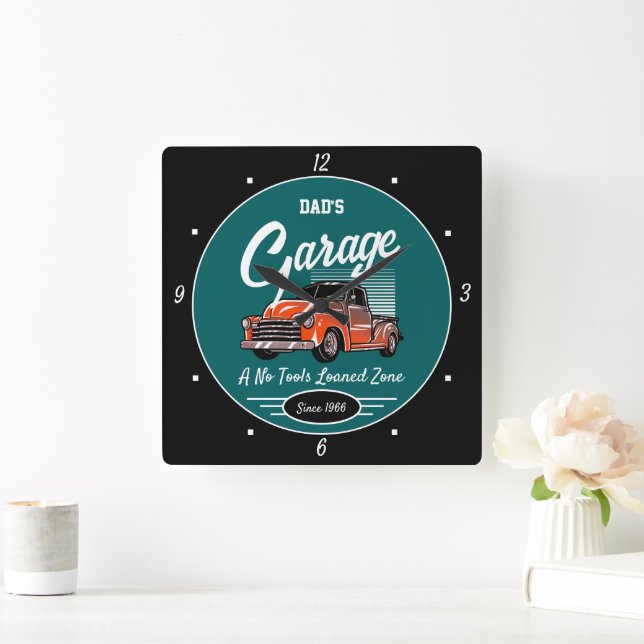 Classic Chevy Truck Garage Dad's Name Teal Black Square Wall Clock (Home)