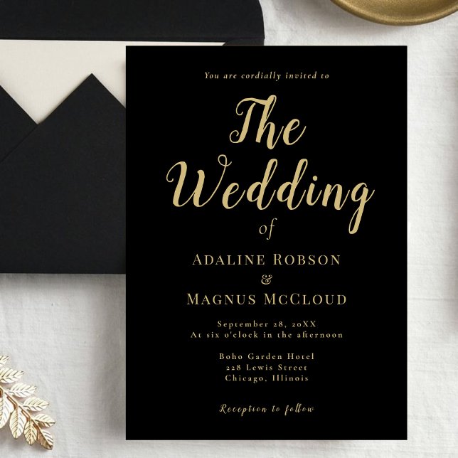Classic Chic Black & Gold Calligraphy Wedding  Invitation (Creator Uploaded)