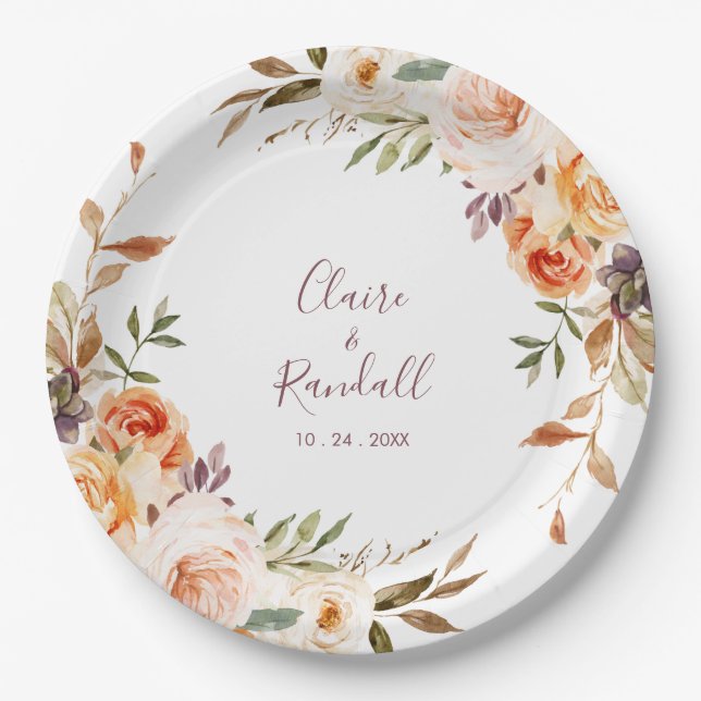 Classic Chic Boho Floral Wedding  Paper Plate (Front)