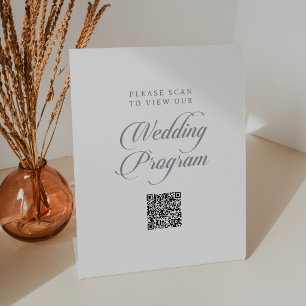 Classic Chic Calligraphy QR Code Wedding Program Pedestal Sign
