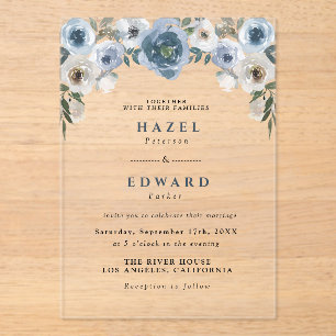 Classic Chic Dusty Blue Floral Watercolor Wedding Acrylic Invitations