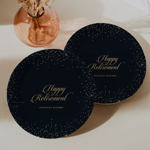 Classic Chic Gold Confetti Calligraphy Retirement Paper Plate