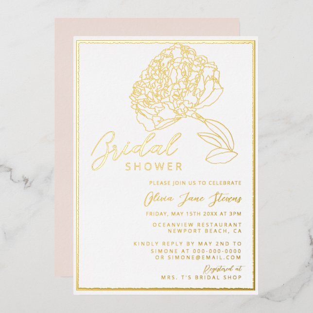 Classic Chic Gold Frame Peony Blush Bridal Shower (Front/Back)
