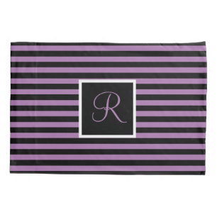 Classic Chic Initial Letter Purple & Black Striped Pillowcase