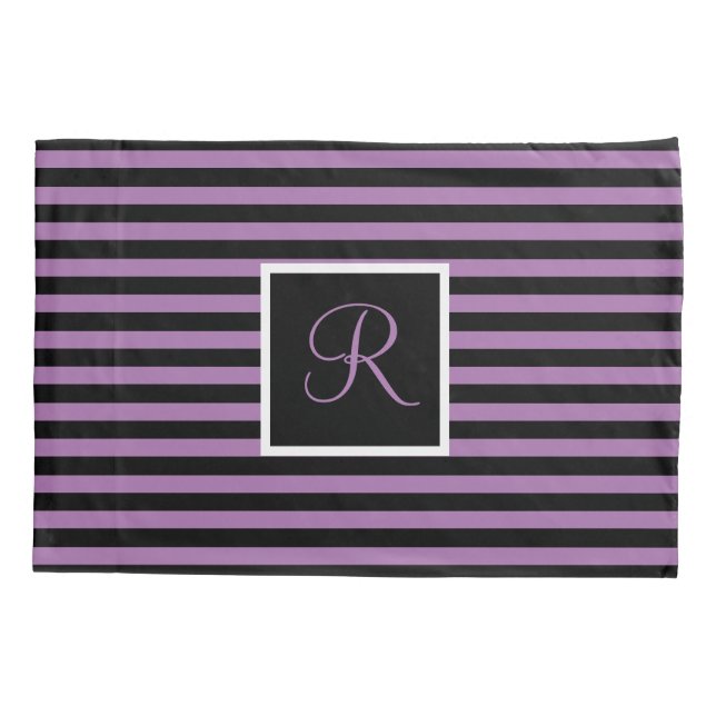 Classic Chic Initial Letter Purple & Black Striped Pillowcase (Back)