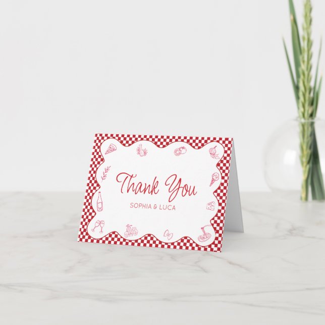Classic Chic Italian-Themed Red Chequered Wedding Thank You Card (Front)