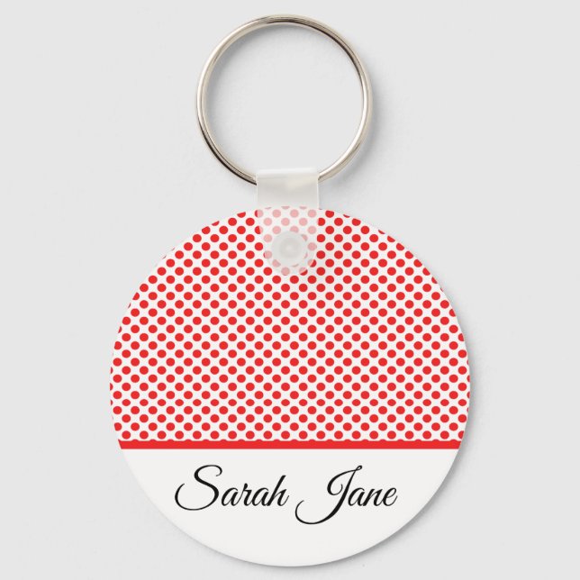 Classic Chic Red Polka Dots Pattern Custom Name Key Ring (Front)