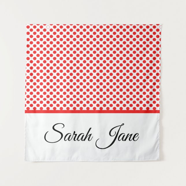 Classic Chic Red Polka Dots Pattern Custom Name Tapestry (Front)