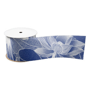 Classic Chinoiserie Blue Lotus Floral Satin Ribbon