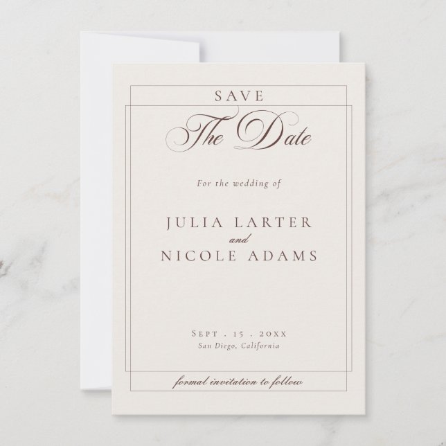 Classic Choco Ivory Calligraphy Photo Wedding Save The Date (Front)