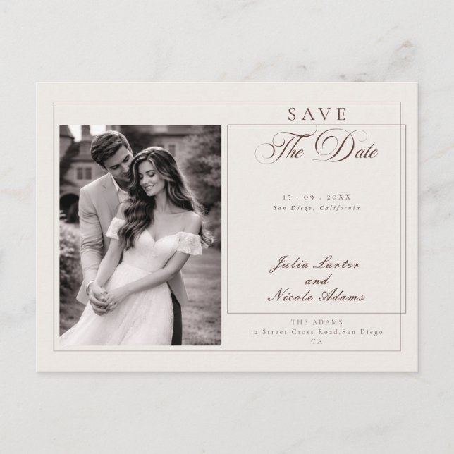 Classic Choco Ivory Calligraphy Save The Date Postcard (Front)
