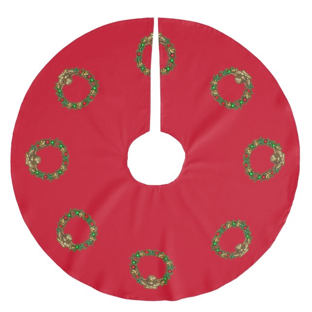 Classic Christmas Angel and Wreath Red Brushed Polyester Tree Skirt (Front)