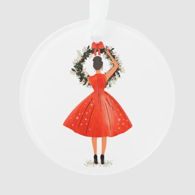 Classic Christmas Beauty in Red Dress Ornament (Front)