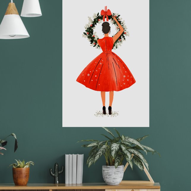 Classic Christmas Beauty in Red Dress Poster (Living Room 1)