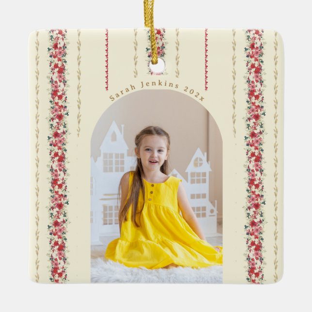 Classic Christmas Botanical Annual Keepsake Photo Ceramic Ornament (Front)