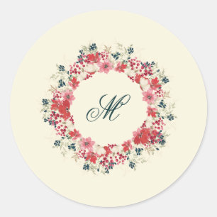 classic christmas botanical family monogram round sticker