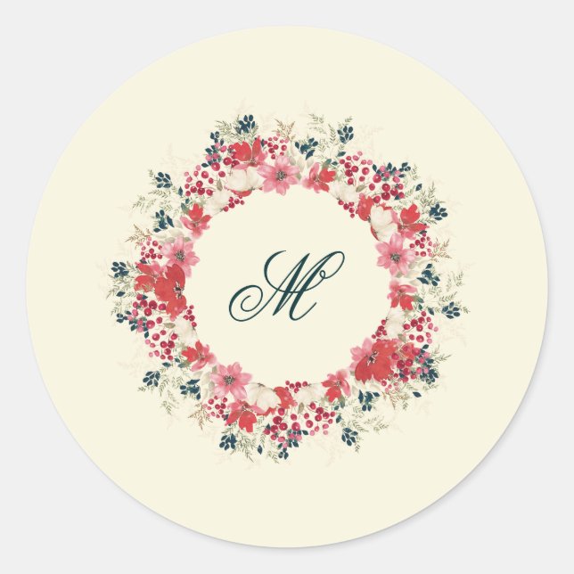 classic christmas botanical family monogram round sticker (Front)