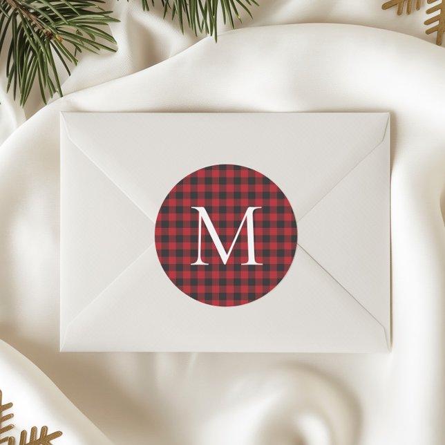 Classic Christmas Buffalo Plaid Custom Monogram Round Sticker (Creator Uploaded)