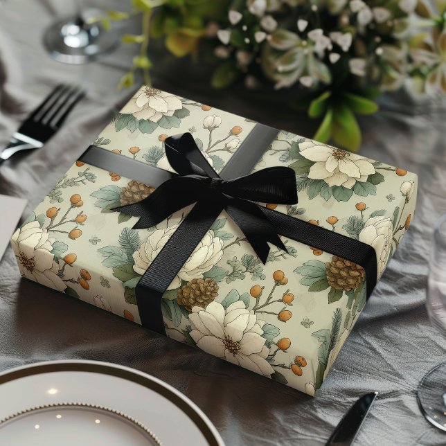 Classic Christmas Cream and Sage Green Floral Gift Wrapping Paper Sheet (Creator Uploaded)