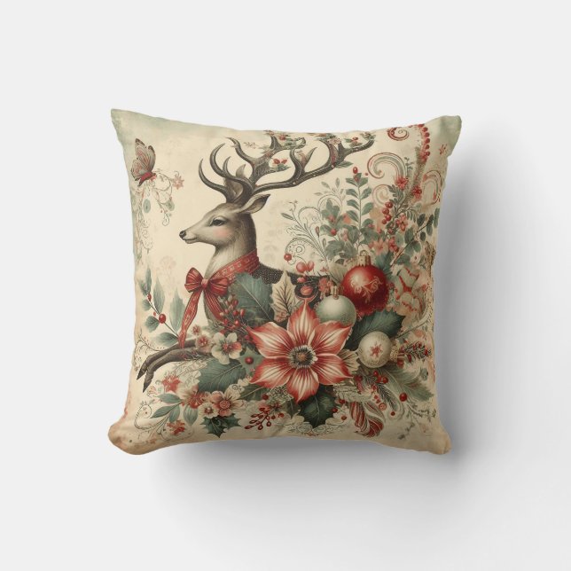 Classic Christmas Deer Throw Pillow (Front)