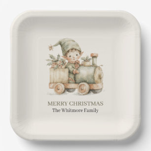 Classic Christmas Elf Vintage Toy Train Paper Plate