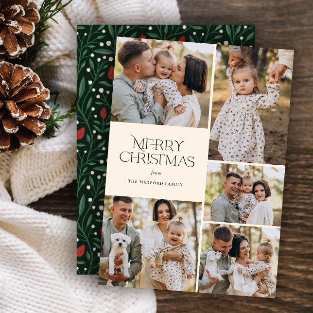 Classic Christmas Five Photo Floral Back | Ivory Holiday Card (Creator Uploaded)