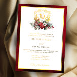 Classic Christmas Floral Crest Monogram Wedding<br><div class="desc">Timeless and elegant yet festive holiday-themed wedding design featuring classic hand-drawn gold foil floral crest accented by a colourful spray of red and white Christmas flowers and evergreens. This custom formal template includes editable text fields as well as custom calligraphy text graphics and a gold textured border. The outside border...</div>