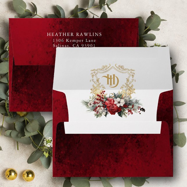 Classic Christmas Floral Crest Monogram Wedding Envelope (Creator Uploaded)