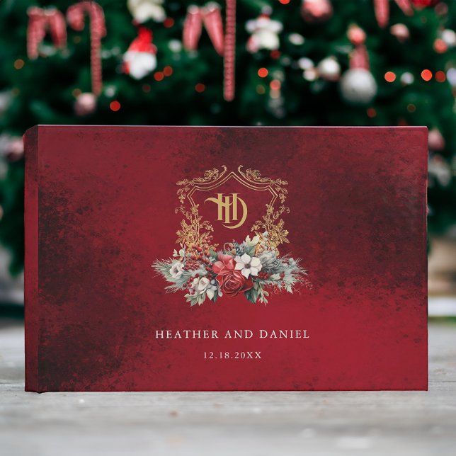 Classic Christmas Floral Crest Monogram Wedding Guest Book (Creator Uploaded)