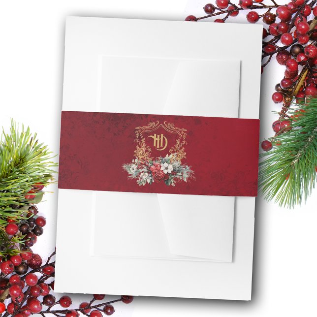 Classic Christmas Floral Crest Monogram Wedding Invitation Belly Band (Creator Uploaded)