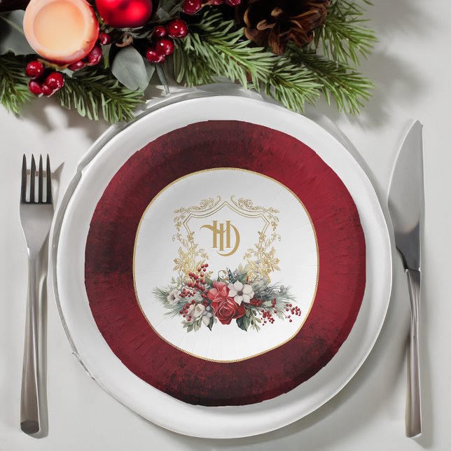 Classic Christmas Floral Crest Monogram Wedding Paper Plate (Creator Uploaded)