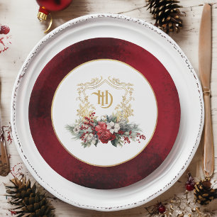 Classic Christmas Floral Crest Monogram Wedding Paper Plate