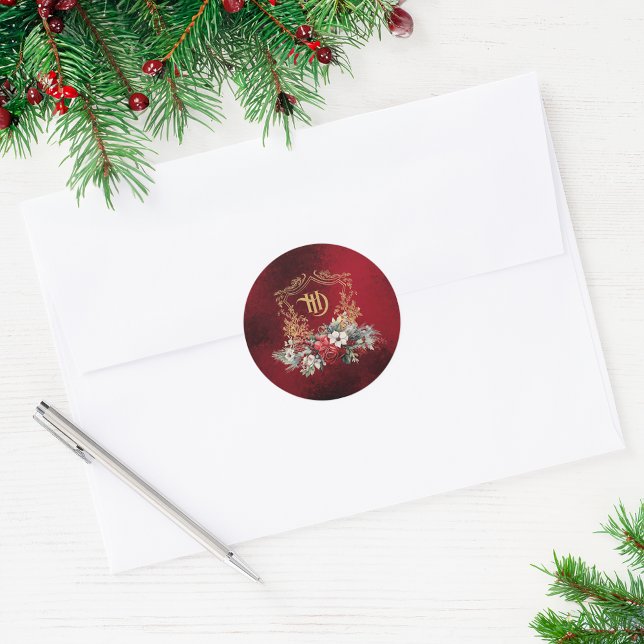 Classic Christmas Floral Crest Monogram Wedding Round Sticker (Creator Uploaded)