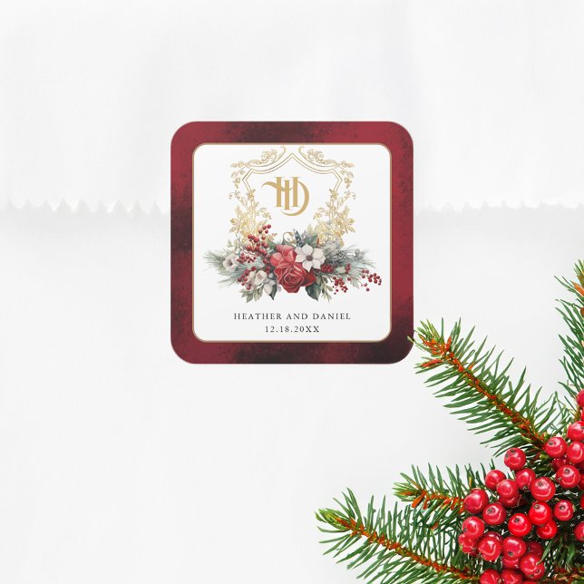 Classic Christmas Floral Crest Monogram Wedding Square Sticker (Creator Uploaded)