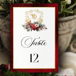 Classic Christmas Floral Crest Monogram Wedding Table Number<br><div class="desc">Timeless and elegant yet festive holiday-themed wedding table number design featuring classic hand-drawn gold floral crest accented by a colourful spray of red and white Christmas flowers and evergreens. This custom formal template includes editable text fields as well as custom calligraphy text graphics and a gold textured border. The outside...</div>