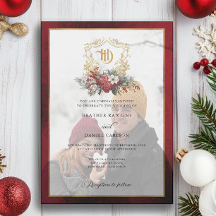 Classic Christmas Floral Crest Monogram Wedding Vellum Invitations