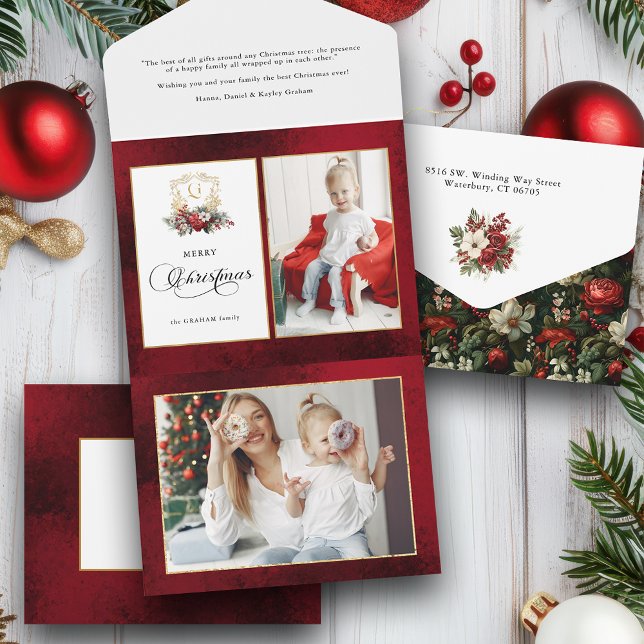 Classic Christmas Floral Crest Photo All In One Invitation (Creator Uploaded)