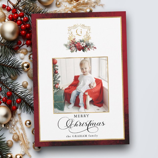 Classic Christmas Floral Crest Photo Holiday Card (Creator Uploaded)